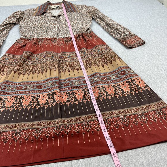 Vintage 70s Honeycomb Western Dress Womens M 8 Earth Tones Prairie Cottagecore - Picture 10 of 16